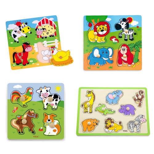 唯嘉VIGA 木钉拼图正方形方拼图农场野生动物 大抓手积木拼板玩具