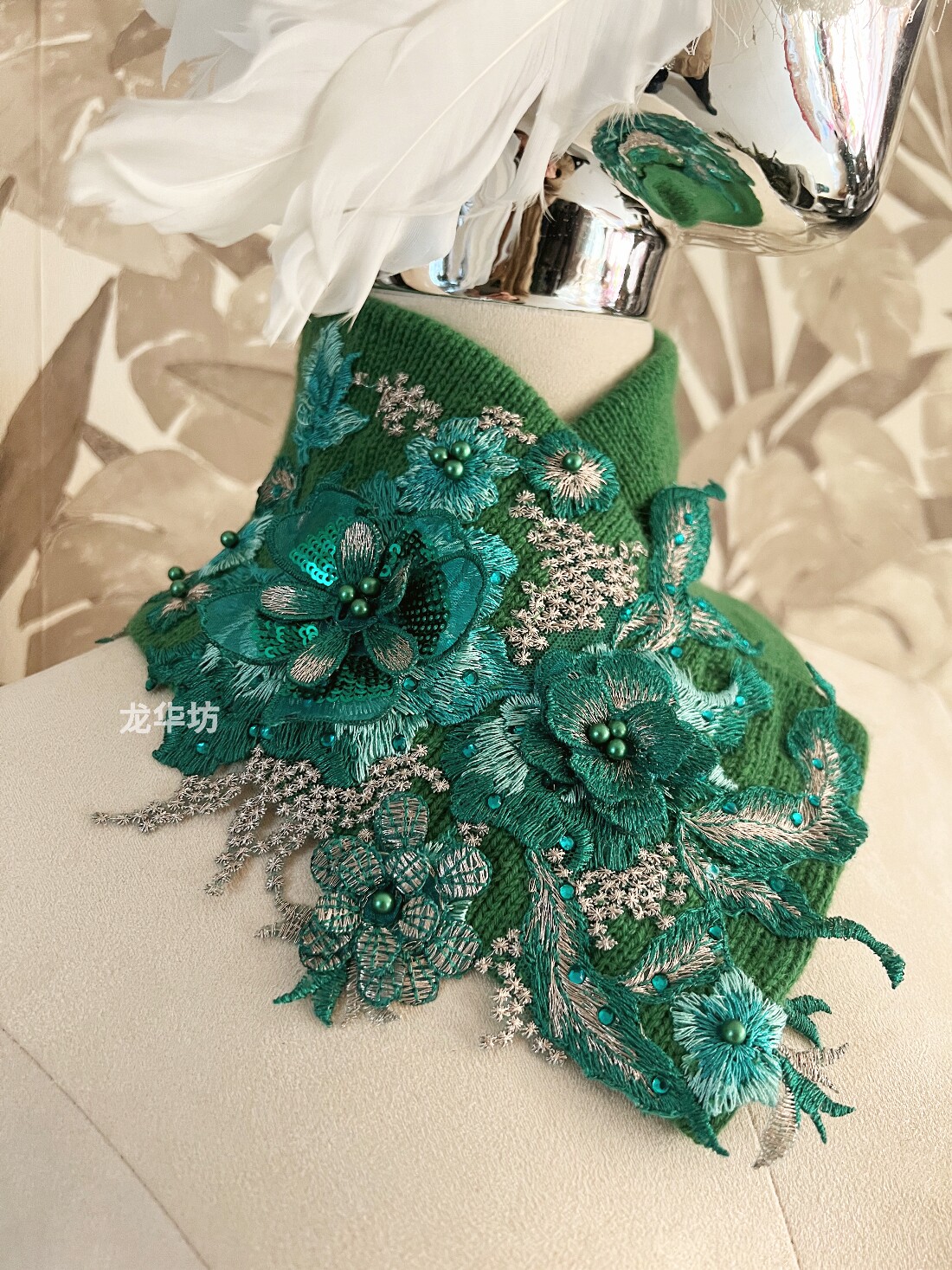 100%山羊绒青绿色亮片暗扣手工假领子针织围脖护颈椎三角双层脖套