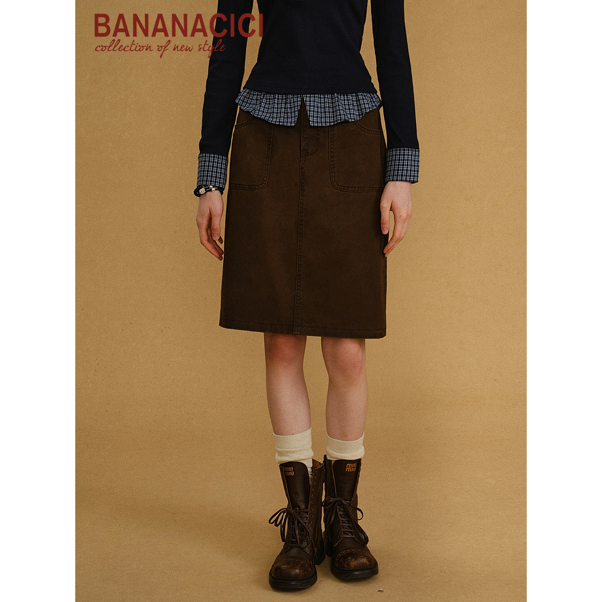 BANANA CICI2025年秋季新款纯棉咖啡色透气挺括直筒中长牛仔半裙