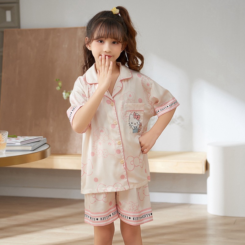 女童夏季冰丝薄款睡衣短袖短裤两件套中大童卡通印花家居服套装
