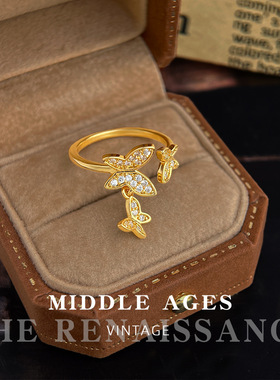vintage轻中古风镀18k真金蝴蝶锆石戒指开口可调节时尚轻奢风手饰