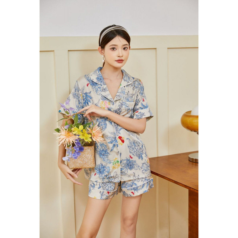 轻奢高定春秋季丝绸冰丝睡衣女莫奈花高级感印花夏季家居服套装