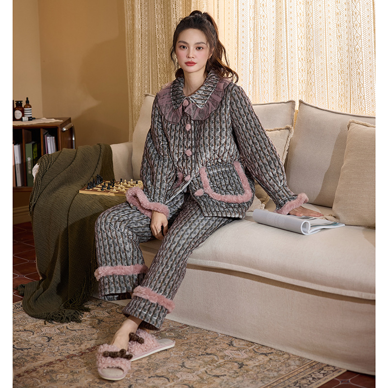 2025新款青年松紧带女保暖睡衣家居服套装加厚提花秋冬季加绒