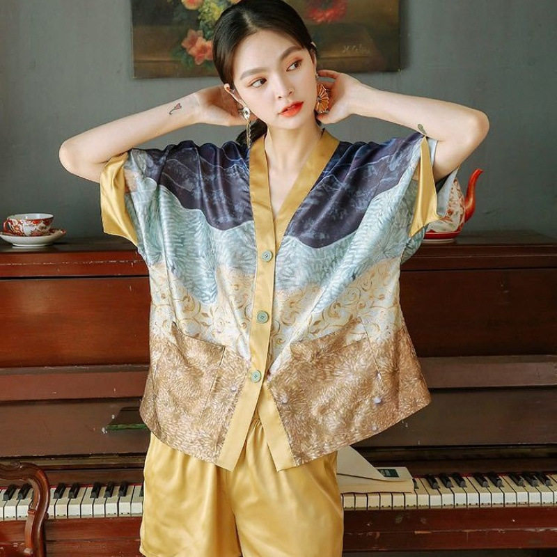 油画开衫睡衣女夏天短袖真丝2025年新款贵妇高级感冰丝夏季