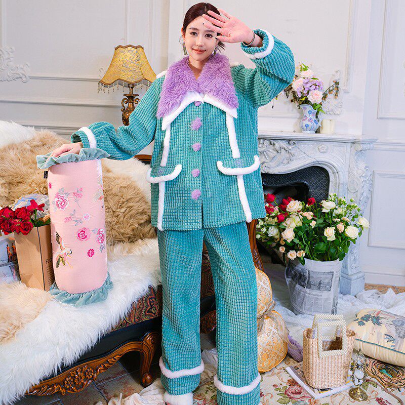 新款撞色加绒法兰绒睡衣秋季女款春秋仿狐狸毛可外穿家居服套装