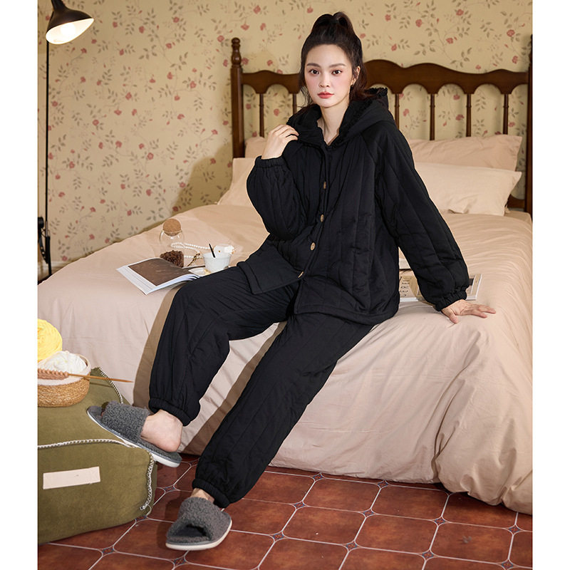 女士秋冬季款三层夹棉加绒加厚黑色休闲宽松保暖睡衣女家居服