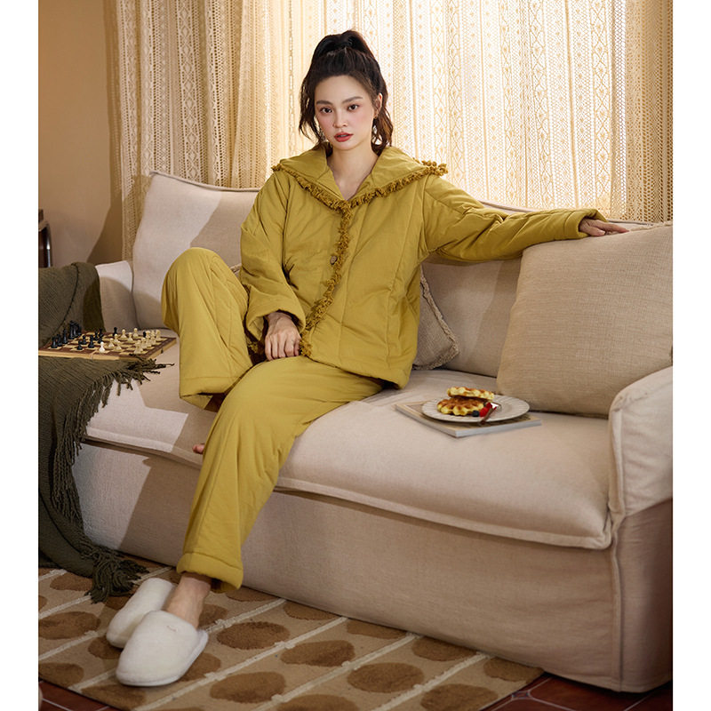 睡衣秋冬季女夹棉2025年新款里外纯棉加绒加厚棉服黄色家居服