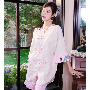 2025新中式刺绣带胸垫睡衣短袖套装仿真丝冰丝缎面两件套家居服夏
