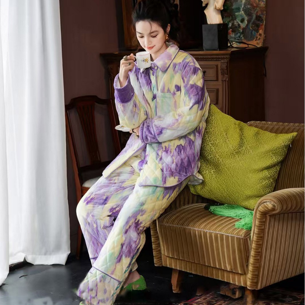 秋冬三层夹棉新款印花睡衣女冬季长袖长裤加厚加绒套装外穿