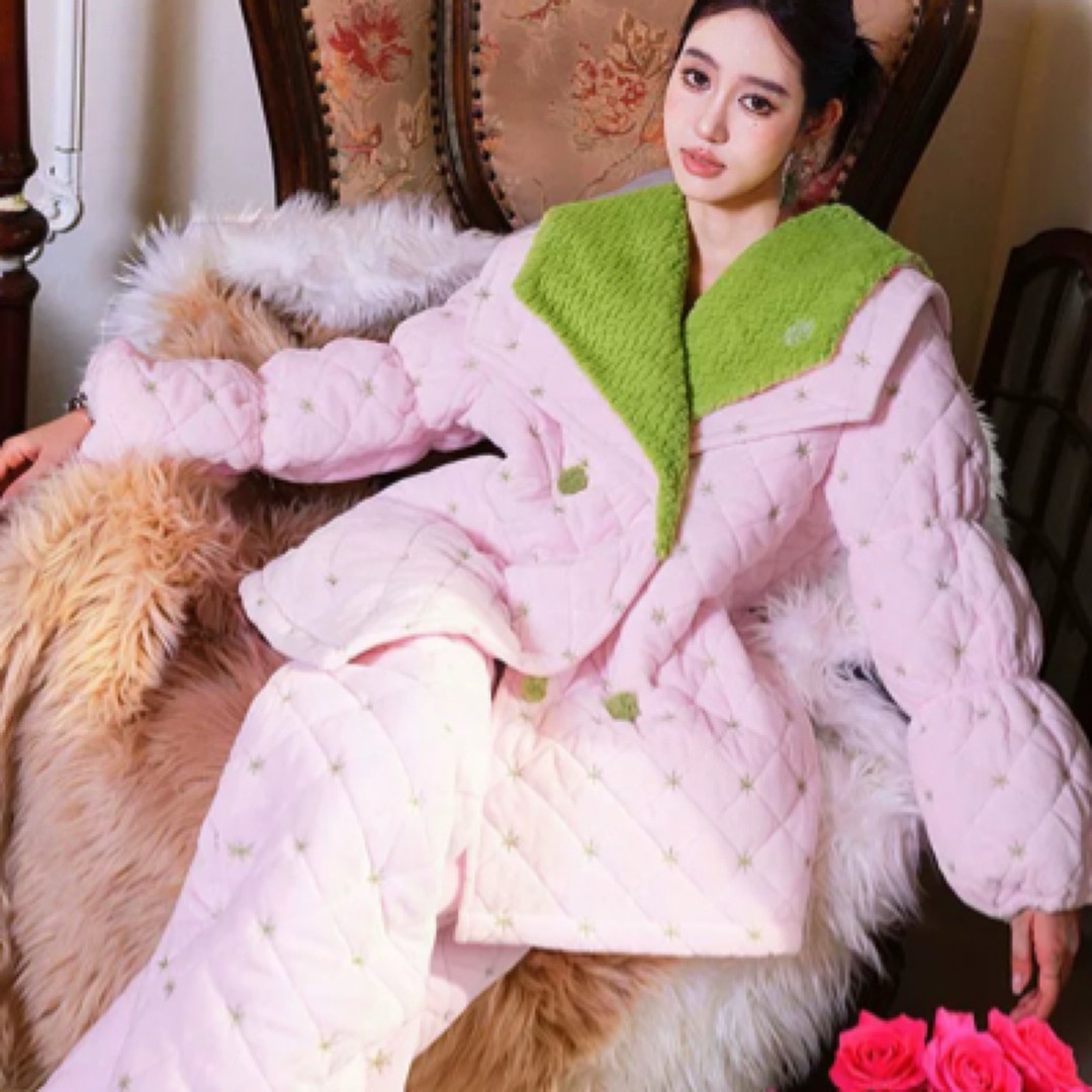 冬季三层夹棉加厚中长款女睡衣毛绒大翻领洋气时尚加绒外穿