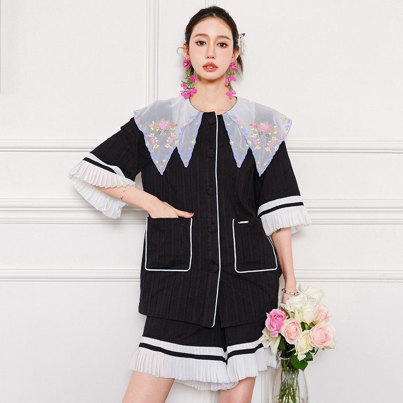 新款提花棉春秋睡衣套装可外穿家居服吸汗排湿刺绣风琴褶两件