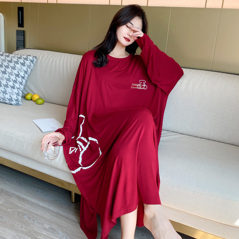 丝滑慵懒大码长款长袖睡裙女夏秋季莫代尔睡衣200斤胖姐孕妇长裙