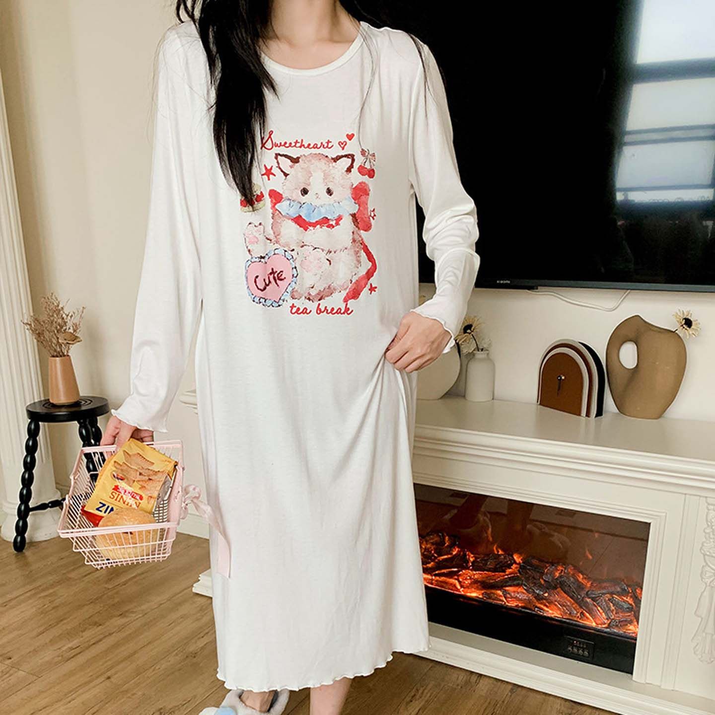 裸感软糯莫代尔睡裙日系少女风长袖睡衣女春夏秋季可爱薄款家居裙