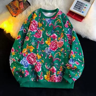 2025秋冬上新东北大花棉袄加绒卫衣3D印花圆领红绿黑牡丹花男女款