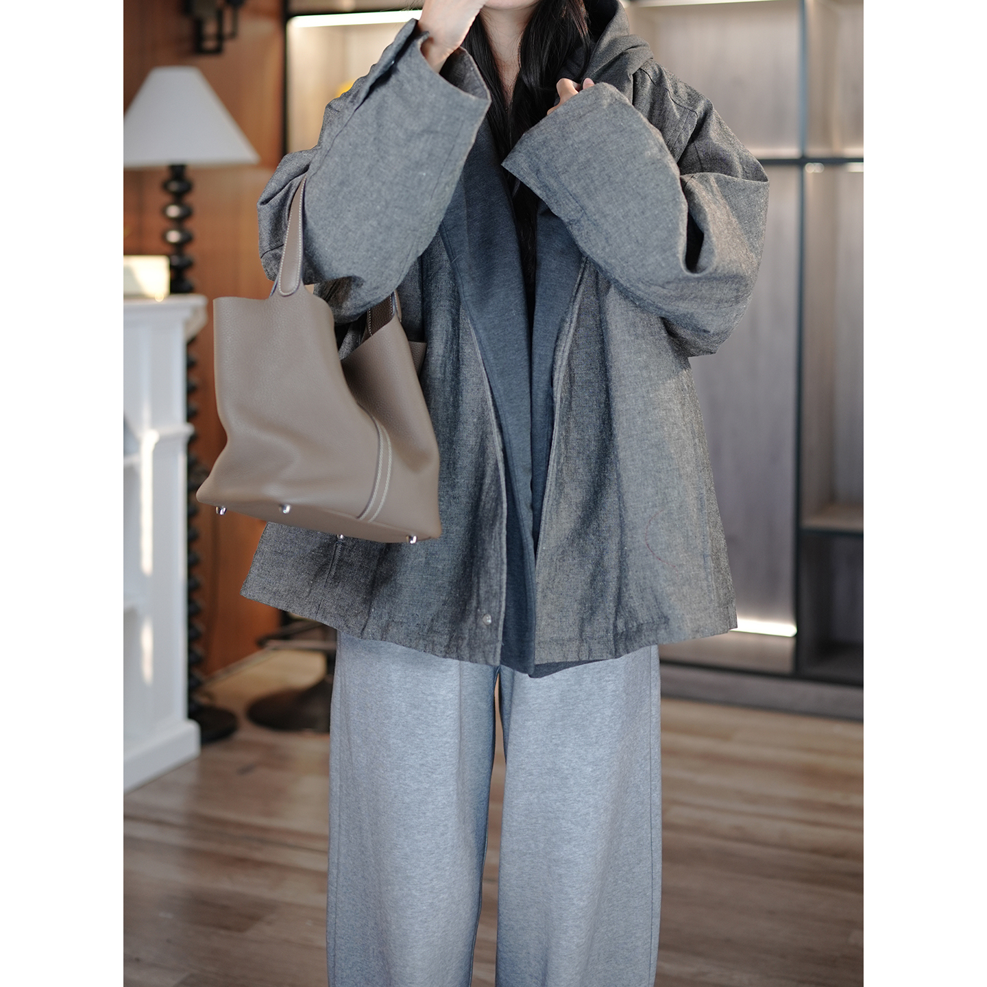 亚麻棉假两件拼接连帽棉衣外套