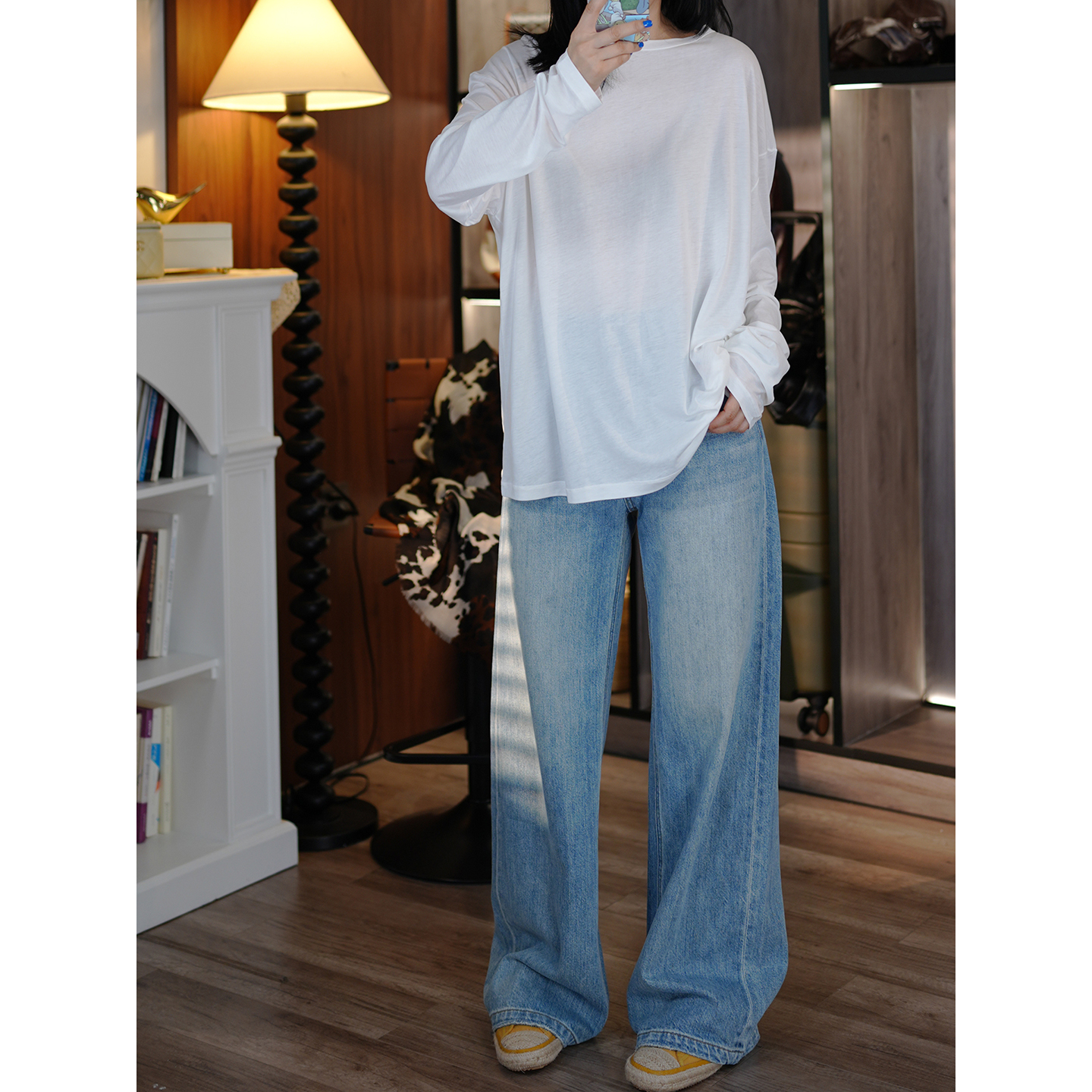 慵懒土耳其丹宁绿标直筒牛仔裤