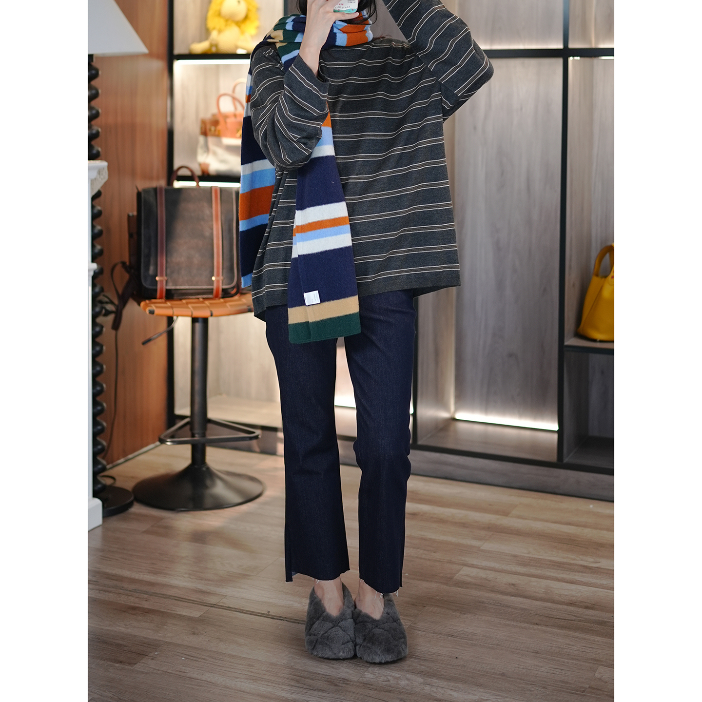 复古老钱风羊毛混纺条纹针织衫