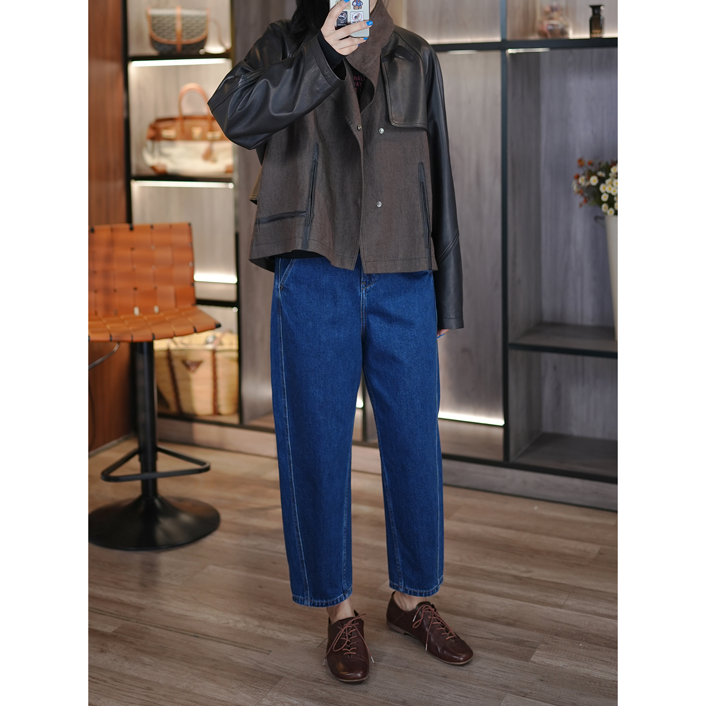 小狗与小孩丝棉拼缝9分牛仔裤