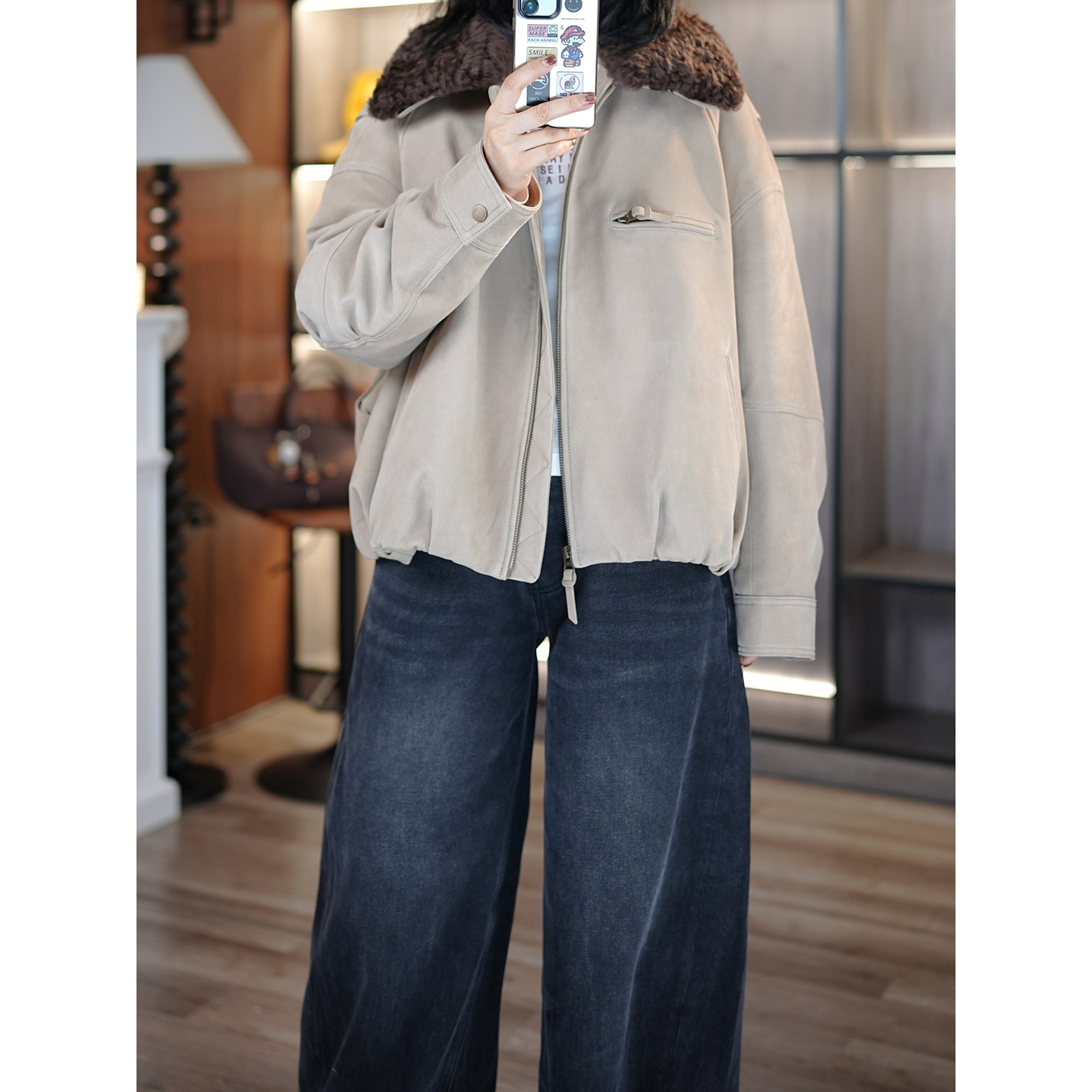 老钱风白鹅绒绵羊皮羽绒外套