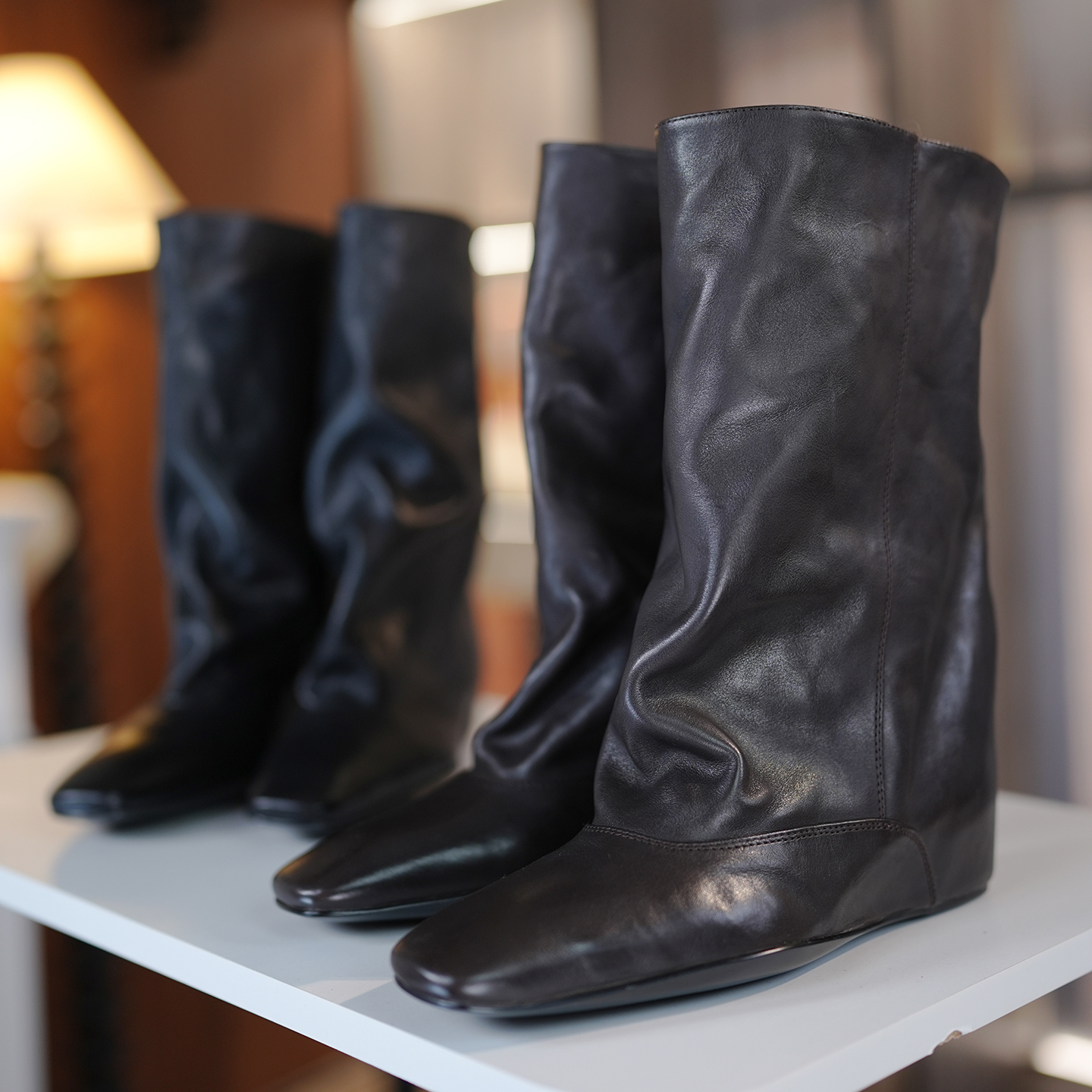 植鞣牛皮方头宽松中筒靴时装靴