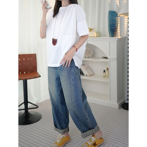 美式复古全棉洗水宽松萝卜牛仔裤