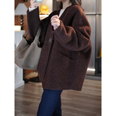 苏力羊驼绒羊毛V领一粒皮扣廓形毛呢外套 复古慵懒百搭 6号衣橱