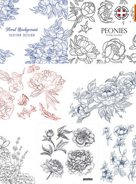 牡丹花玫瑰花线描线稿素描草图速写插画AI矢量设计素材