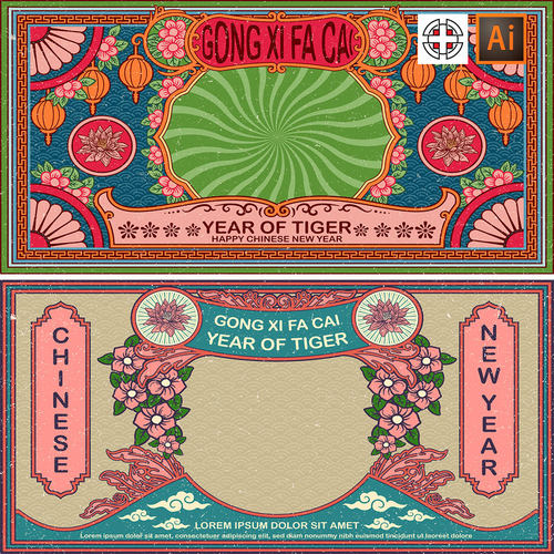 复古民国风鲜花花纹边框新年招牌广告背景AI矢量设计素材