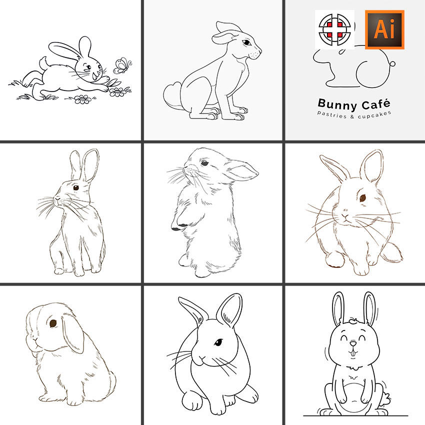 兔子白兔素描速写卡通线稿描边草图插图插画ai矢量设计素材