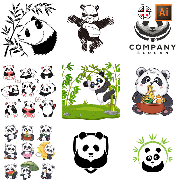 熊猫剪影线稿线条剪影插图雕刻图标AI矢量设计素材