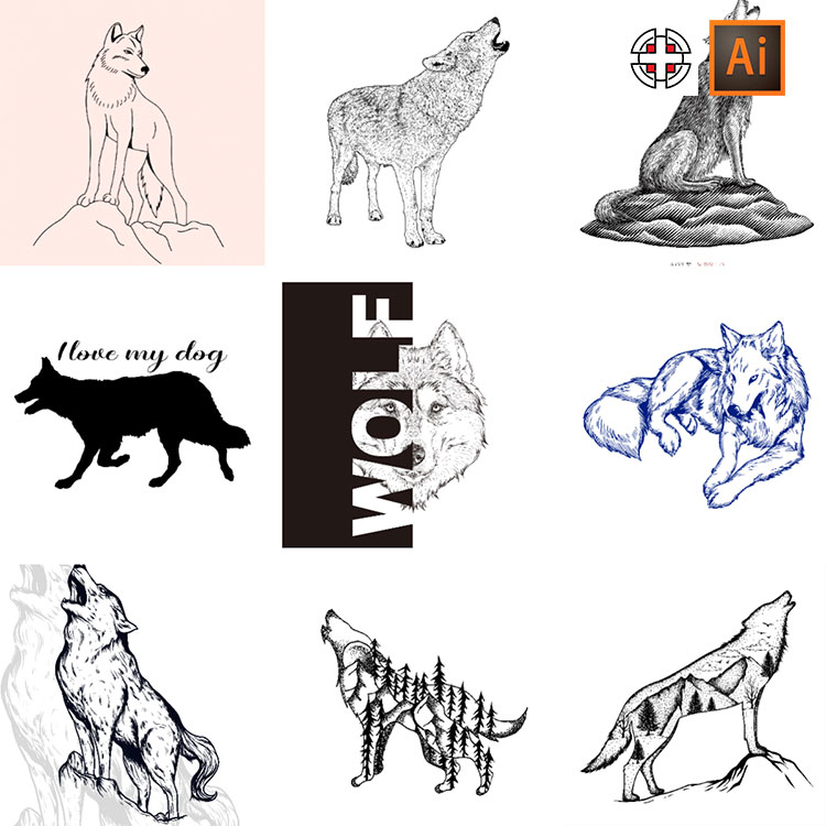 狼狐狸剪影线稿线条剪影插图雕刻图标AI矢量设计素材