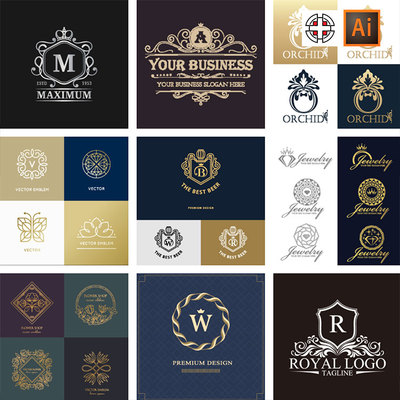 英文字母欧式花纹边框LOGO小图标UI矢量设计素材