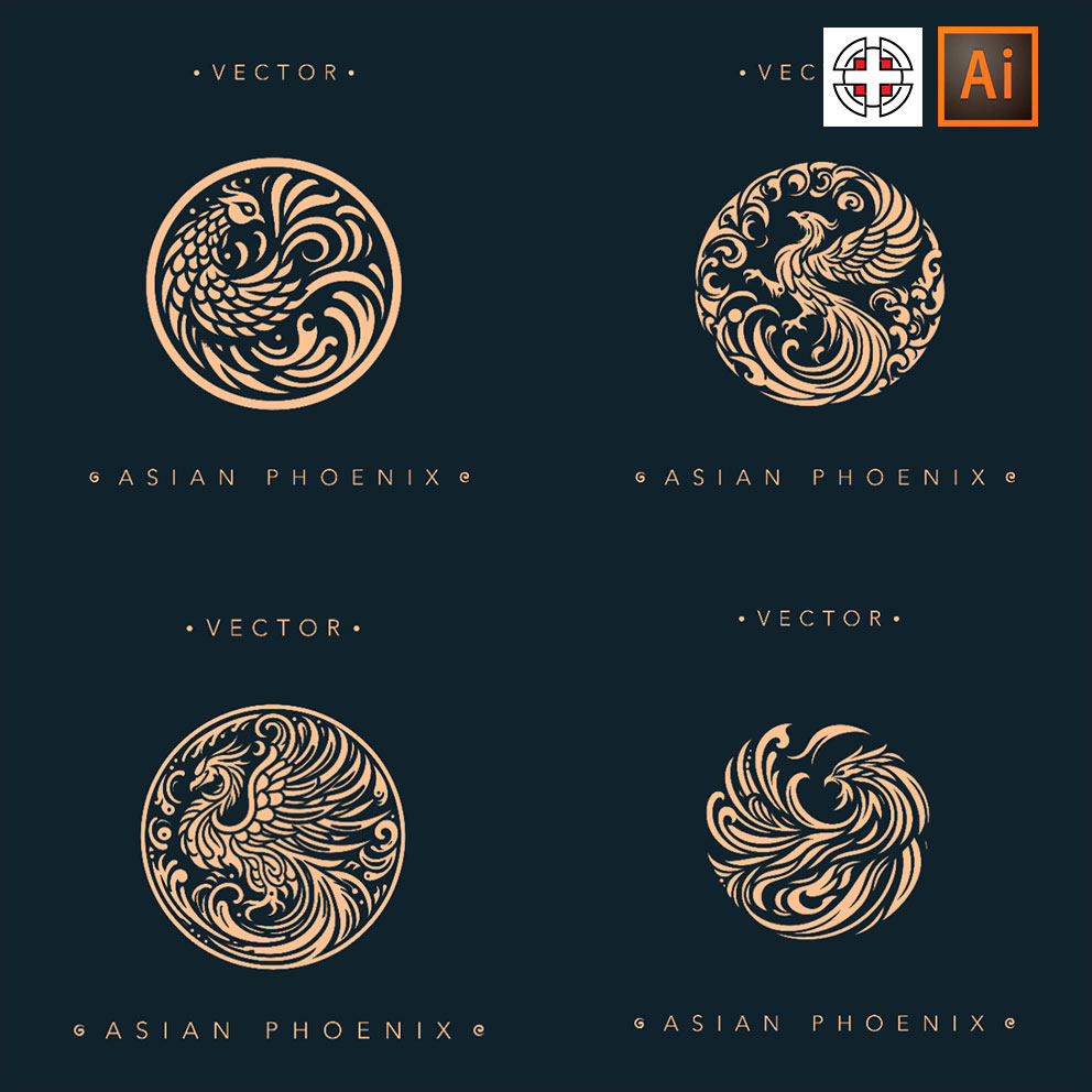 传统圆形吉祥纹样凤凰雕刻剪影ai矢量设计素材