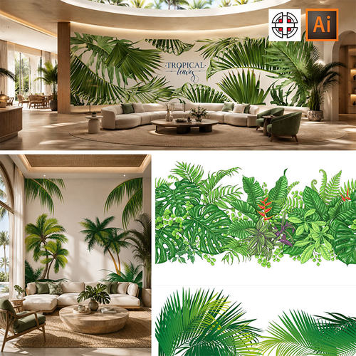 热带棕榈叶龟背竹植物背景墙装饰插画AI矢量素材