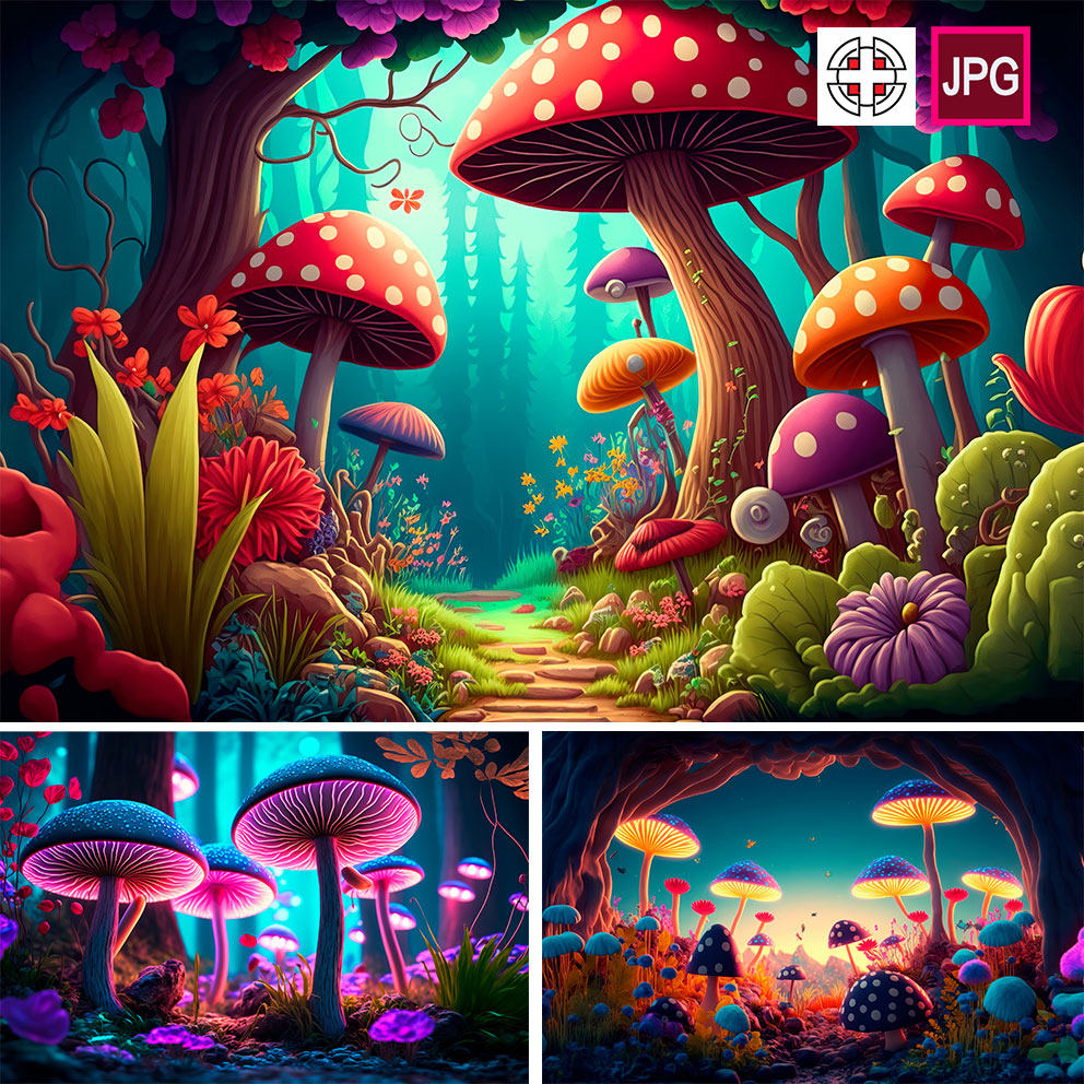 蘑菇森林仙境卡通丛林插画插图jpg背景图片设计素材