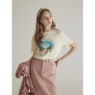 上衣 芝士黄印花T恤女春夏圆领百搭叠穿短袖 三十三 city日记