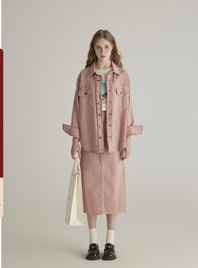 三十三 【那不勒jeans】粉色复古牛仔外套女春高腰显瘦半身裙套装