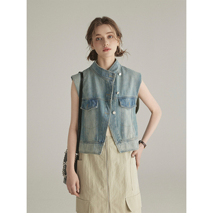 可叠穿坎肩上衣 复古蓝色立领牛仔马甲女夏季 三十三 uptown街角