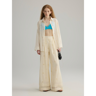 三十三【Smoothie】镂空花朵翻领衬衫女2025夏季蕾丝拼接阔腿裤子