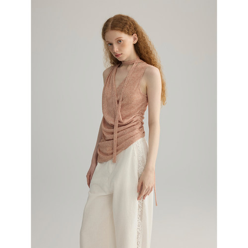 三十三  【San Jose】不对称收褶下摆针织背心女2025夏季挂脖上衣