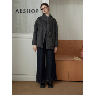 大衣 两面穿流苏围巾领毛呢外套女2024秋冬短款 三十三 恋冬格雷