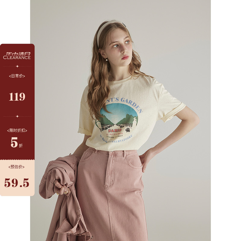 三十三【city日记】芝士黄印花T恤女春夏圆领百搭叠穿短袖上衣