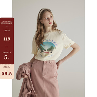 三十三【city日记】芝士黄印花T恤女春夏圆领百搭叠穿短袖上衣