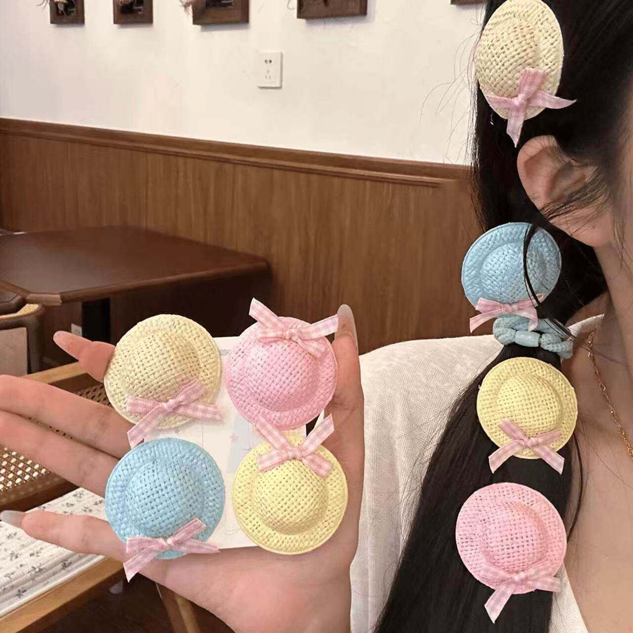 夏日清新日系蝴蝶结草帽鸭嘴夹