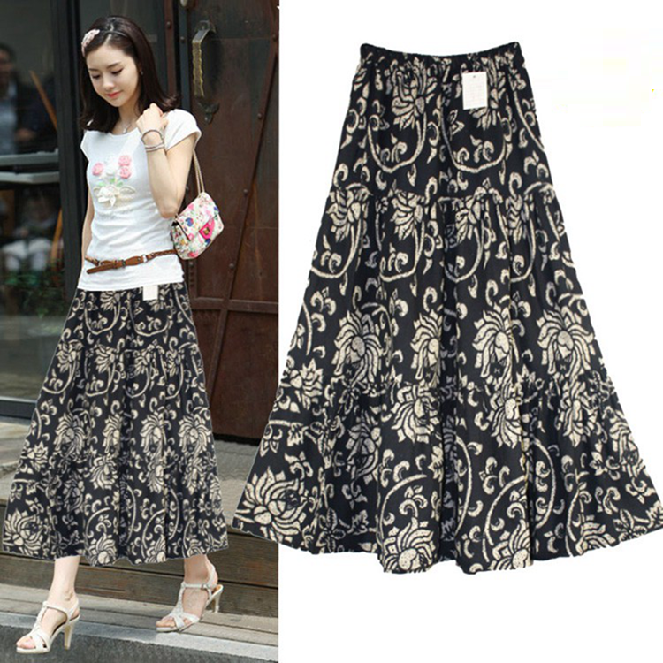 夏季棉麻中长裙拼接高腰大摆半身裙亚麻A字裙印花裙松紧腰百褶裙|msdalam kategori Butik wanita / wanita, skirt - dari Buy2taobao.com untuk memberikan perkhidmatan ejen Taobao profesional membeli