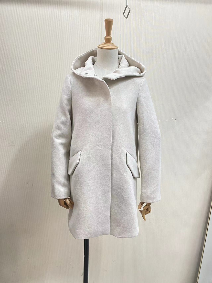 外贸西班牙品牌尾单秋冬新款羊毛混纺外套女士燕麦色休闲连帽大衣