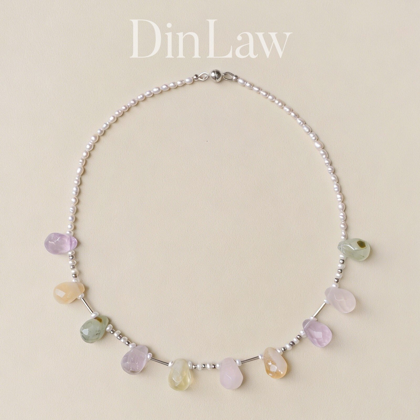 DinLaw鼎珞天然水晶项链淡水珍珠糖果色颈链925纯银小众锁骨链女