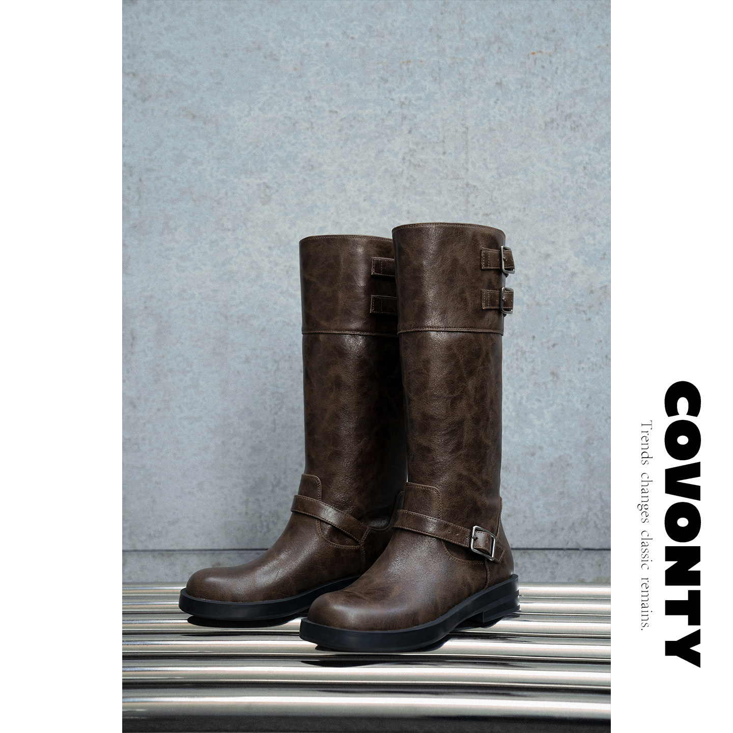 COVONTY「classics」智感棕 复古粗跟马靴女金属扣马丁长靴骑士靴,女鞋,马丁靴,淘宝优惠券,粉丝福利购,淘宝优惠卷