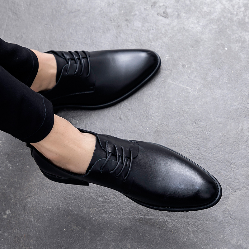真皮牛皮商务软皮软底皮鞋男士韩版正装英伦休闲青年百搭增高黑色