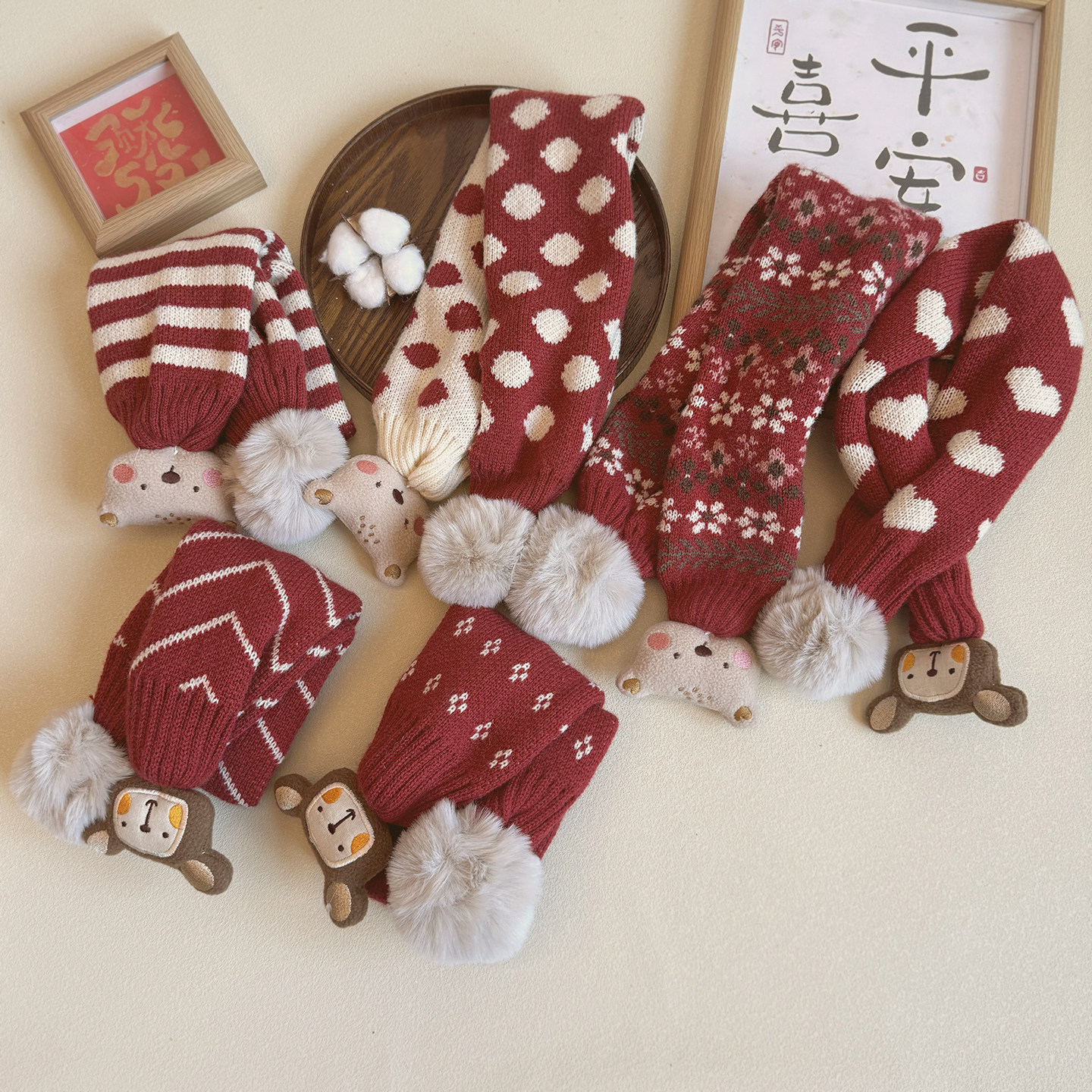 新年红色卡通儿童围巾1-10岁女童男孩宝宝幼儿围脖套小熊冬季交叉